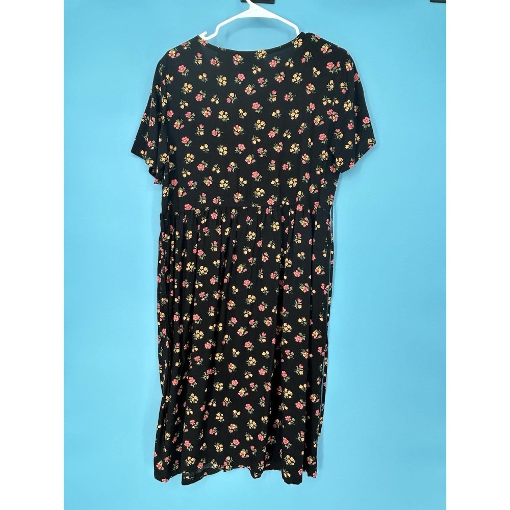 Vtg 90's Erika Studio Black Floral Midi Tie Back Cottage Prairie Rayon Dress MP - Picture 3 of 3